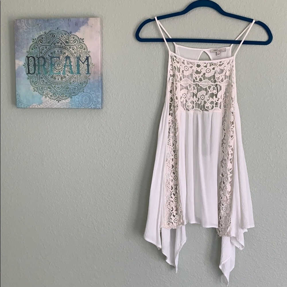 Cozy casual boho crochet lace open back top
